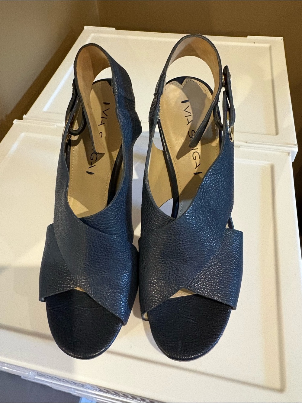 Via Spiga Navy Textured Leather Peep-Toe Slingback Heels